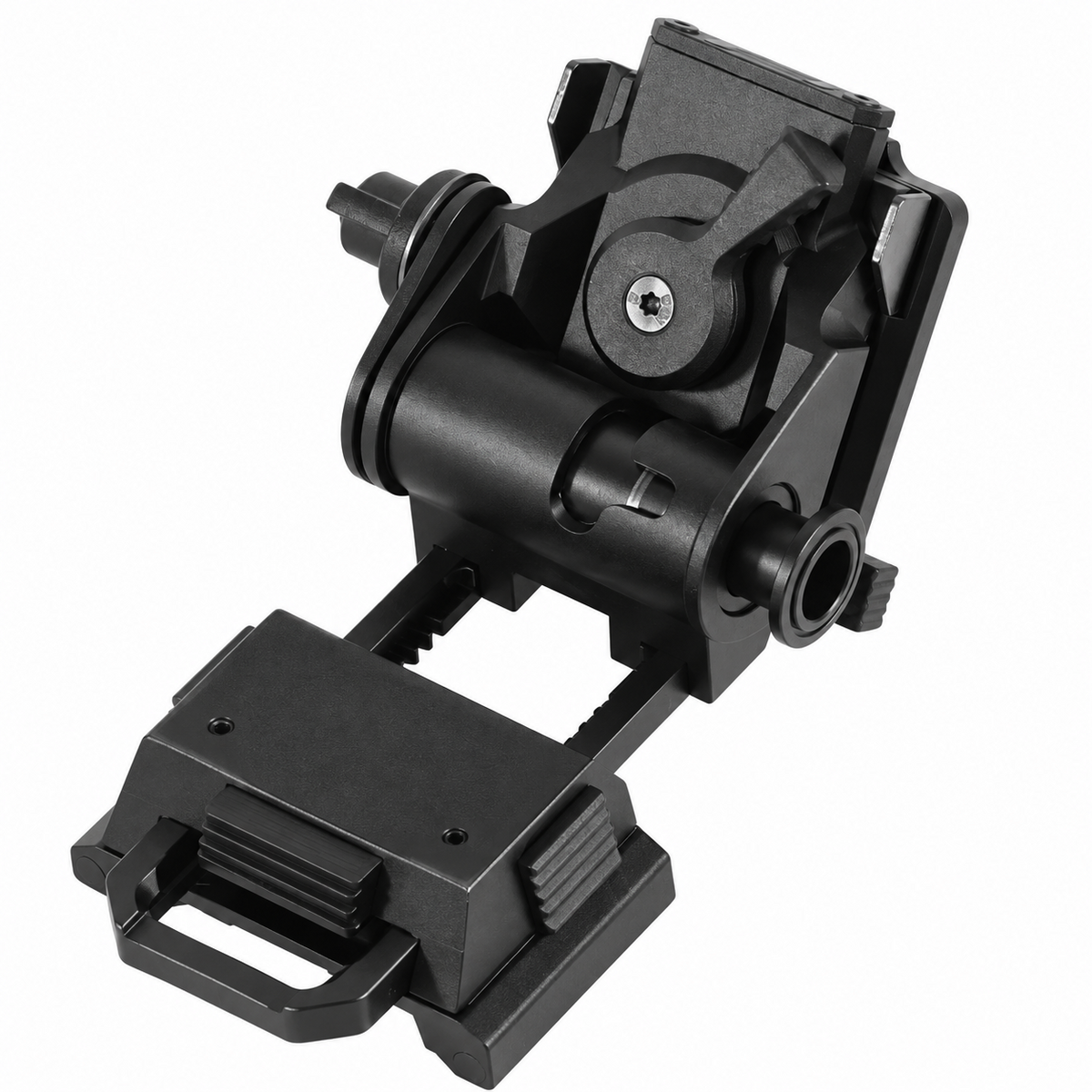 Flip-Up NVG Helmet Mount – Full Metal in Black, front three-quarter view