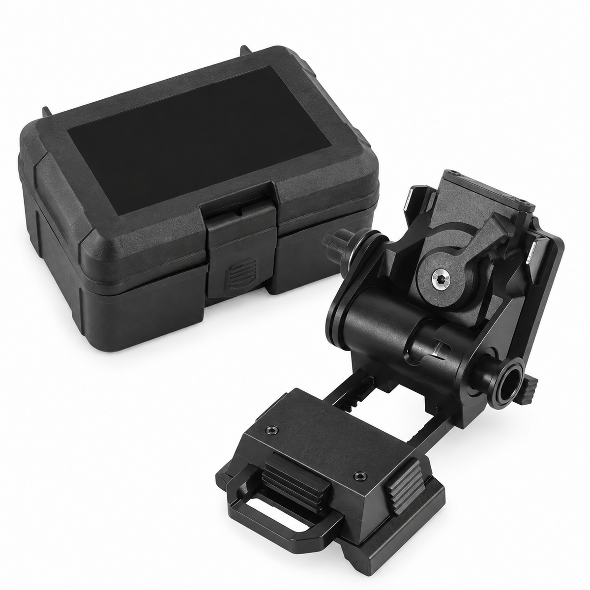 Black Flip-Up NVG Helmet Mount – Full Metal pictured beside a storage case
