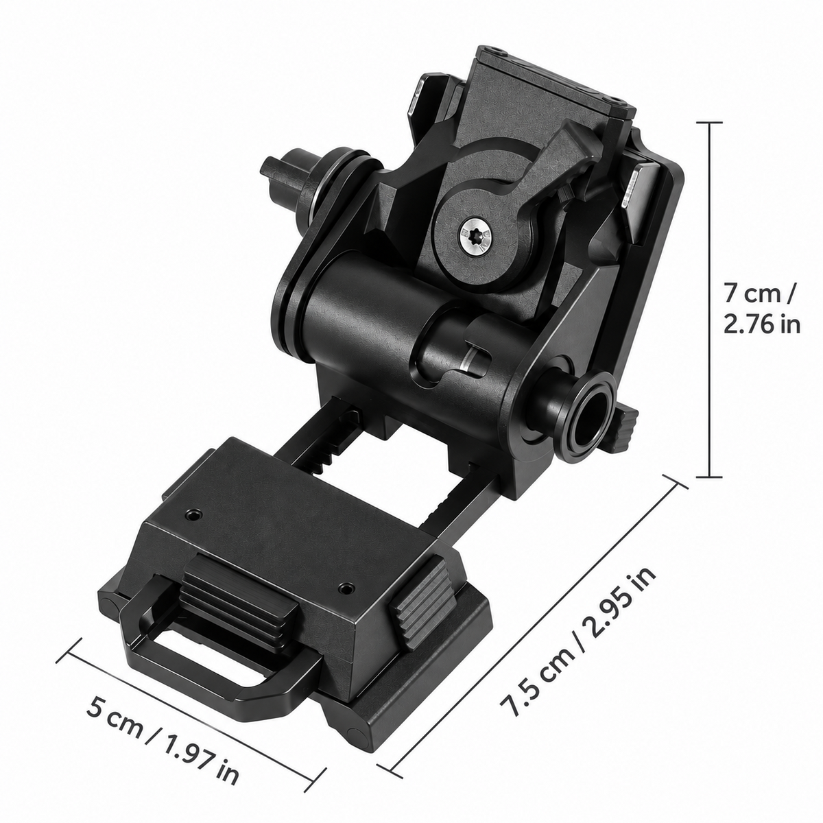 Flip-Up NVG Helmet Mount – Full Metal, dimensions approximately 7.5 cm long, 5 cm wide and 7 cm high