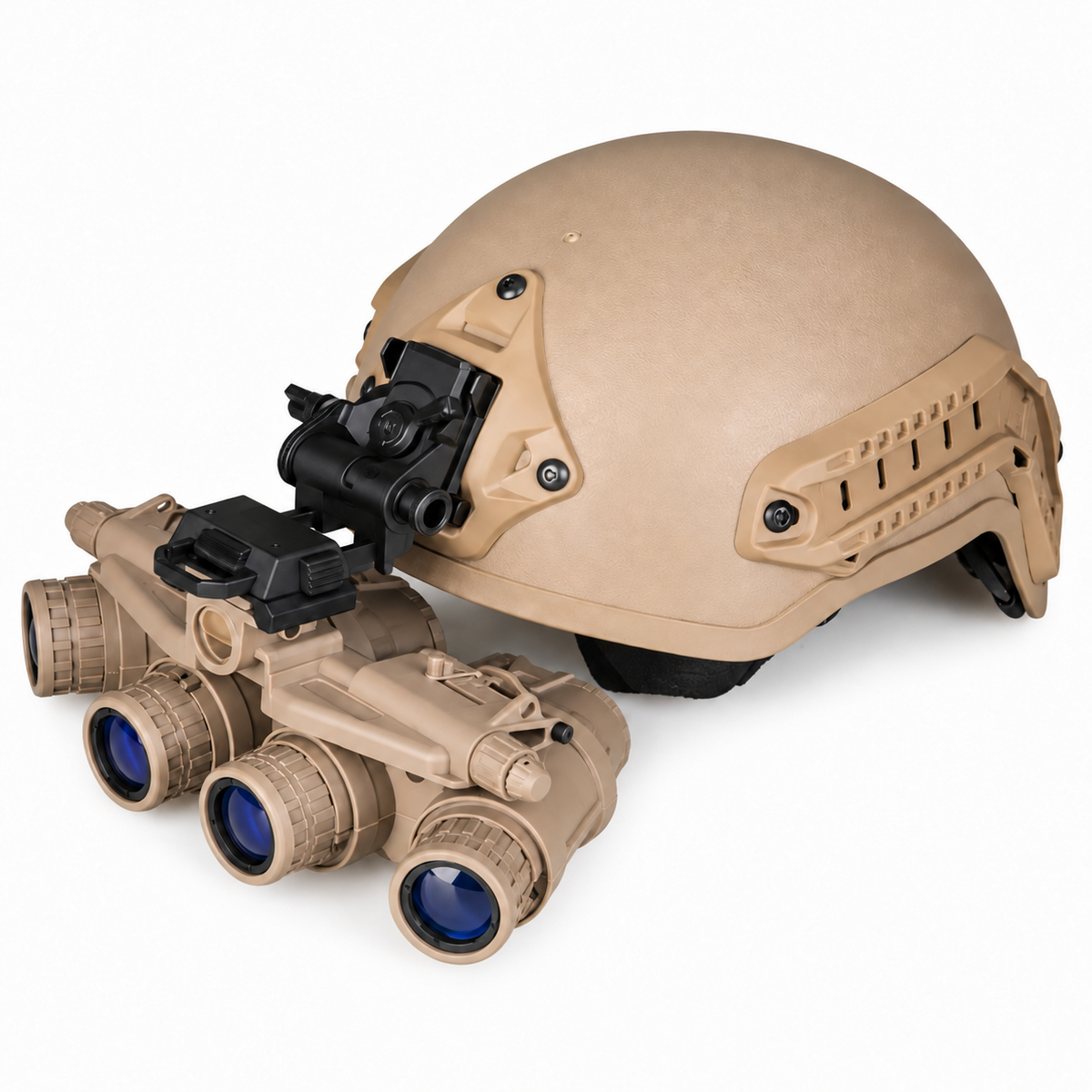 Black Flip-Up NVG Helmet Mount – Full Metal shown mounted on a tan helmet with an NVG unit, illustrative setup