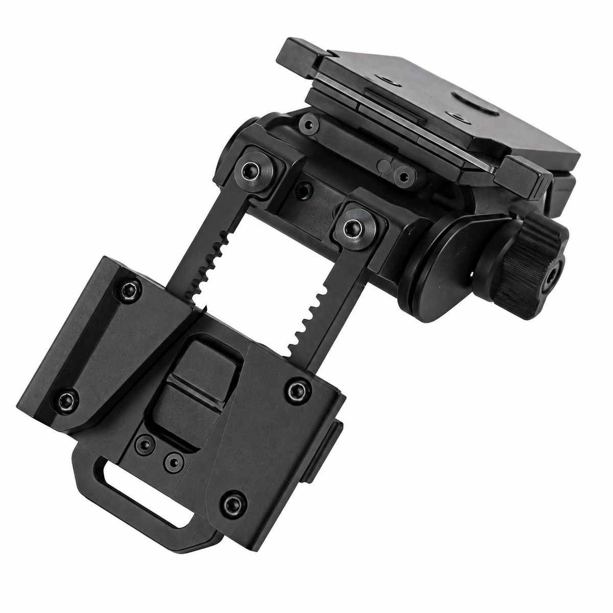 Flip-Up NVG Helmet Mount – Full Metal, rear view showing adjustment rails and mounting plate