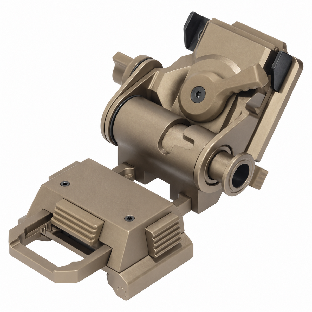 Flip-Up NVG Helmet Mount – Full Metal in Tan, front three-quarter view